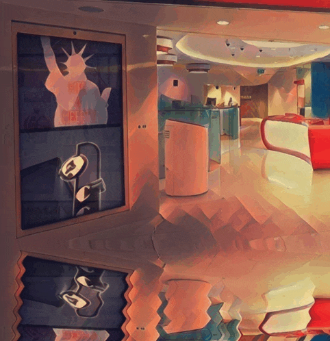 a painting of a room with a statue of liberty and the word liberty on it