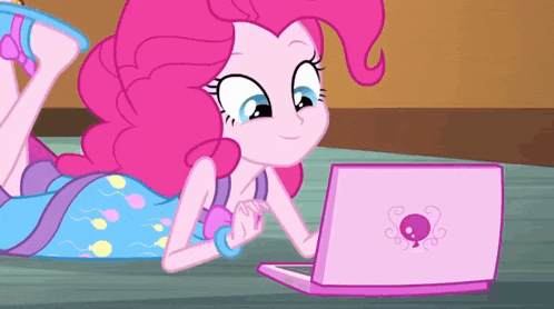 pinkie pie from my little pony is laying on the floor looking at a laptop