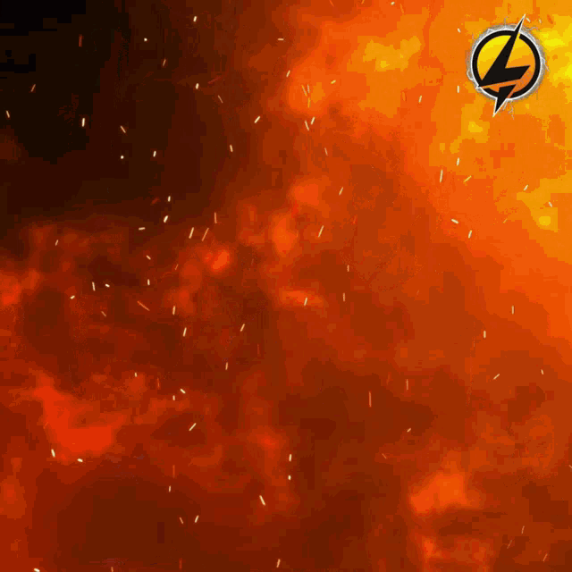 a logo with a lightning bolt on it is on a fire background