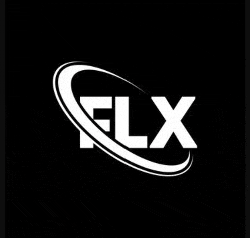 the flx logo is white on a black background and has a swirl around it .