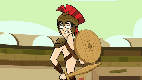 a cartoon of a gladiator holding a wooden shield and a sword