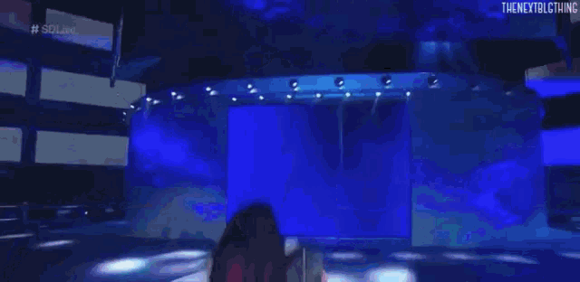 a wrestler is standing on a stage with his arms outstretched in front of a blue wall .