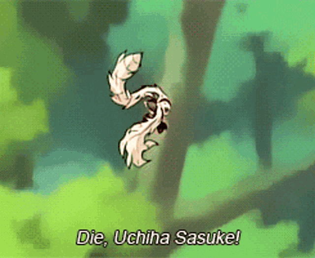 a cartoon says die uchiha sasuke on the bottom right