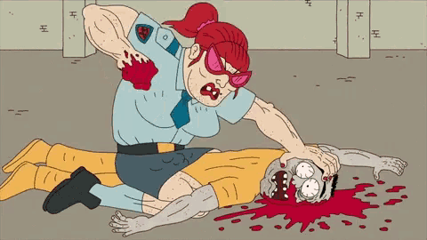 a cartoon of a police officer kneeling on a dead zombie
