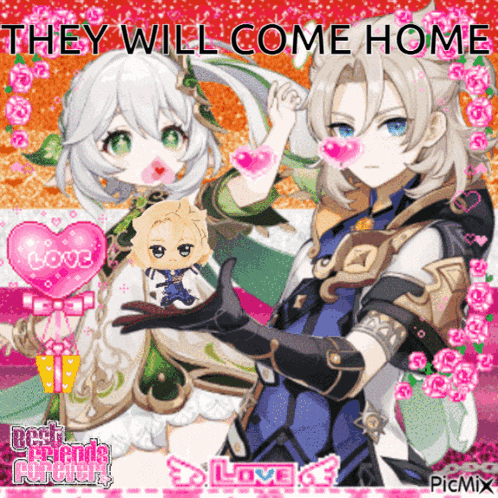 a picture of anime characters with the words " they will come home "