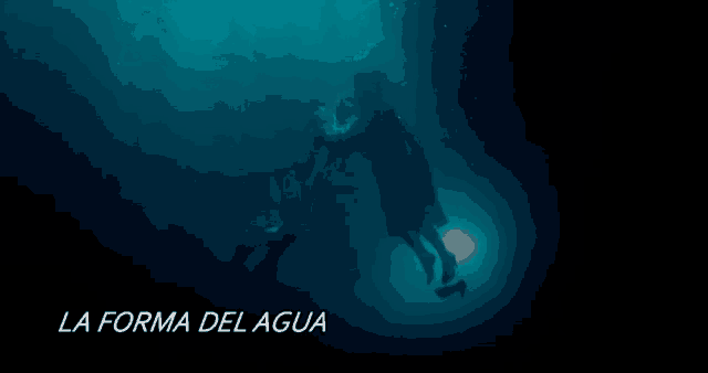 a poster for la forma del agua shows a man and woman swimming underwater