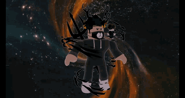 a cartoon character with a mask on his face is flying through a galaxy