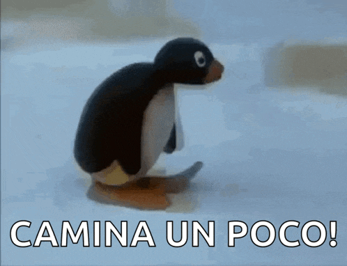a penguin is walking in the snow with the words camina un poco written below it .