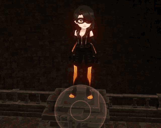 a cartoon character is standing in front of a brick wall with a circle around her