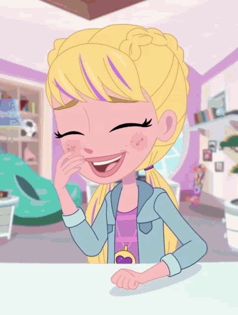 a cartoon girl with blonde hair and purple streaks is laughing