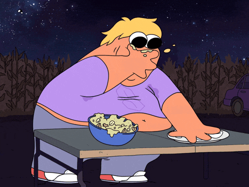 a cartoon of a man sitting at a table eating popcorn