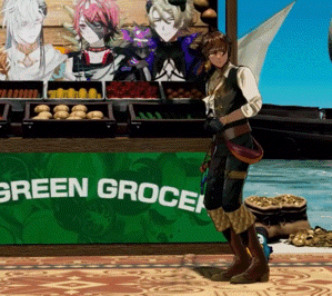 a person standing in front of a green grocery sign