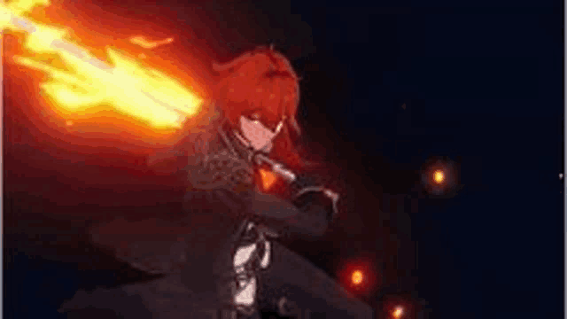 a man with red hair is holding a sword with fire coming out of it in a video game .