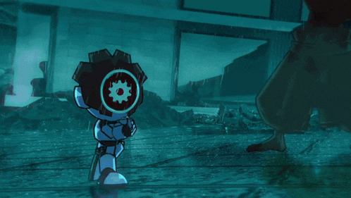 a cartoon character with a gear on his head