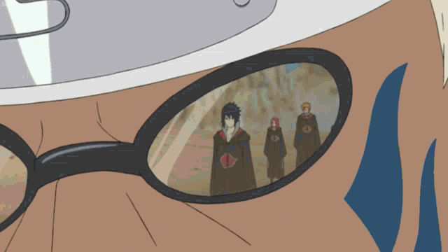a close up of a person wearing glasses with a group of people in a reflection