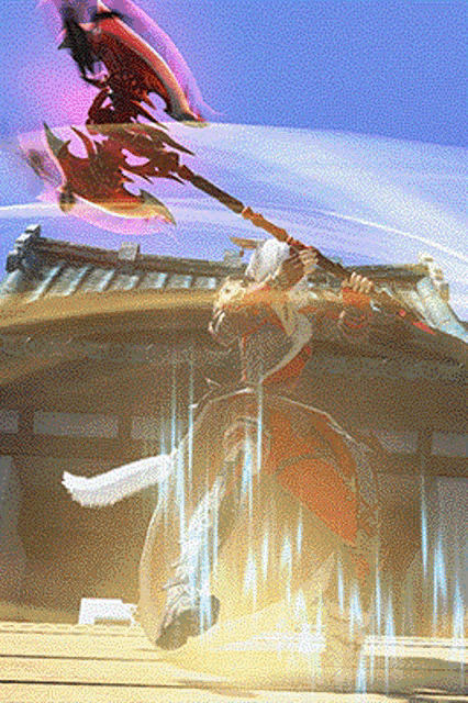 a person holding a large axe in their hand
