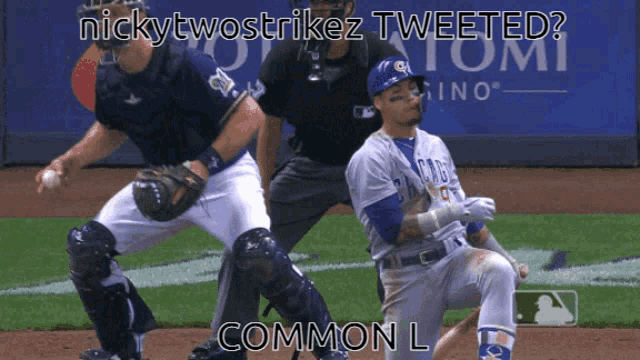 a baseball player is sliding into a base with the caption nickytwostrikez tweeted common l