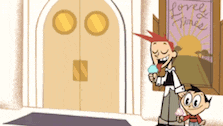 a cartoon character holding an ice cream cone in front of a door that says lovely time