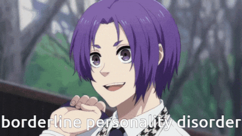 a purple haired anime character with the words " borderline personality disorder " on the bottom