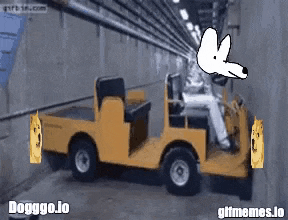 a cartoon dog driving a yellow vehicle in a tunnel