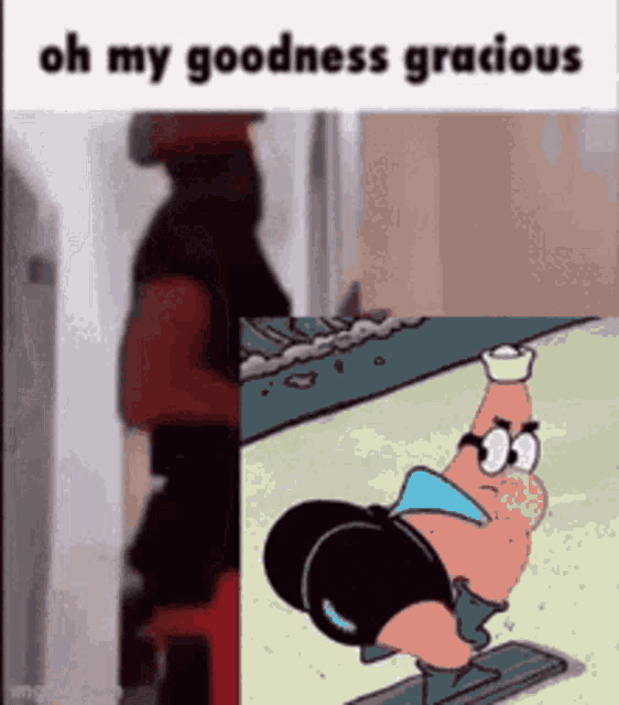a cartoon of a man standing next to a cartoon of patrick star holding a cup .
