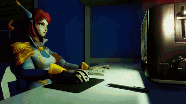 a cartoon character sitting at a desk with a toaster