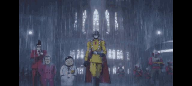 a group of people standing in the rain in front of a building .
