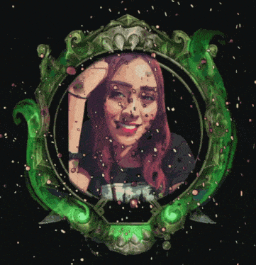 a painting of a woman with red hair in a green frame with a black background