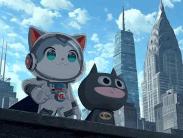 a cartoon cat and a batman are standing next to each other in front of a city skyline