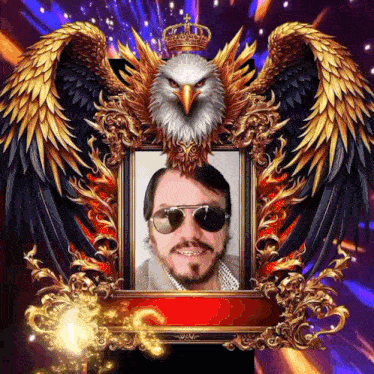 a picture of a man in a frame with an eagle and a crown on it