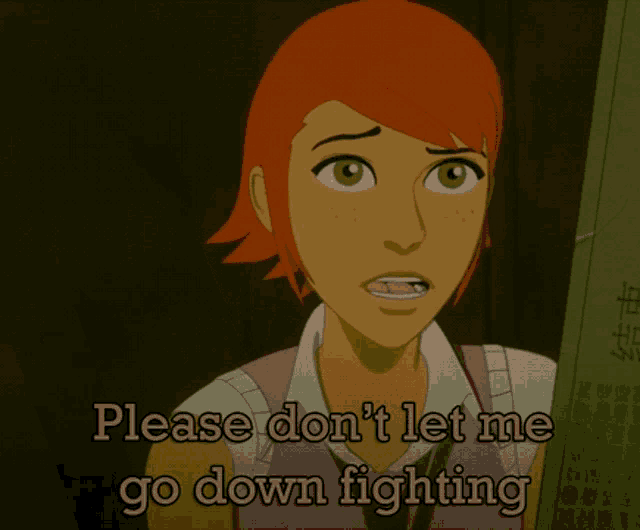 a cartoon of a girl behind a sign that says please don t let me go down fighting