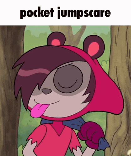 a cartoon character with his tongue hanging out and the words pocket jumpscare below him