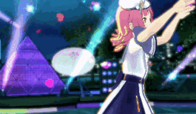 a girl with pink hair and a white hat is dancing on a stage
