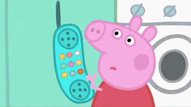 a peppa pig cartoon character holding a blue toy phone