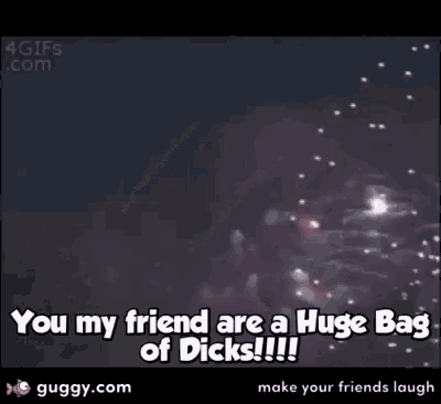 a purple fireworks display with the words " you my friend are a huge bag of dicks "