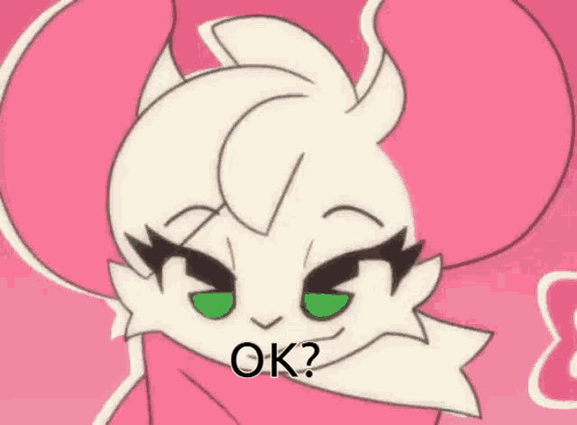 a cartoon drawing of a white rabbit with green eyes and the words " ok " on the bottom