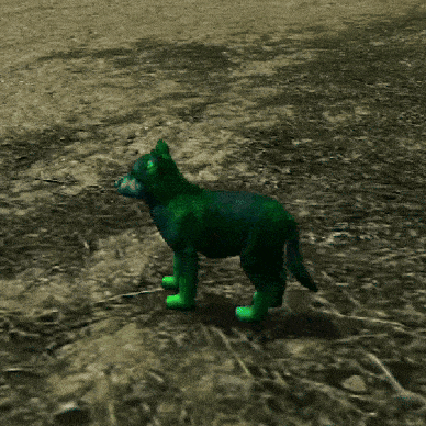 a green dog standing on a dirt ground
