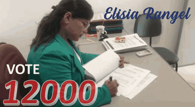 a woman is sitting at a desk with the words vote 12000 on the bottom