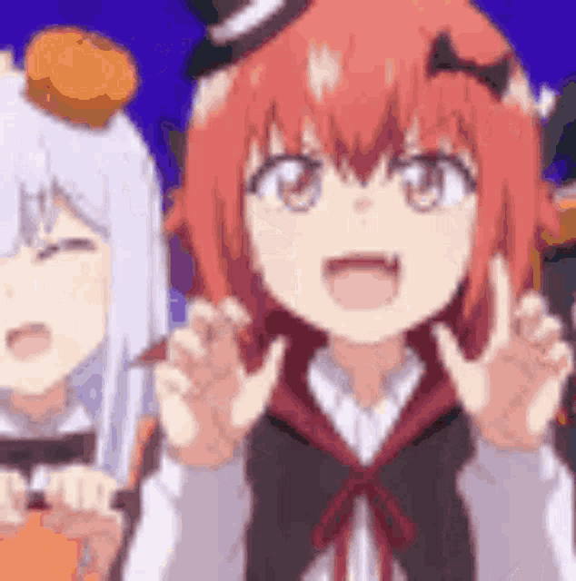 a girl with red hair and a top hat is standing next to another girl with white hair .