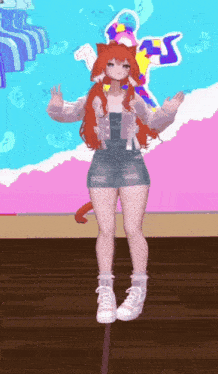 a girl with red hair is standing in front of a sign that says a.s.