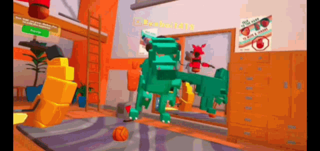 a green robot is standing in a room with a poster on the wall that says ' i 'm not a robot '