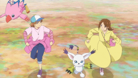 a girl in a yellow dress is walking with a white cat and a pink bird