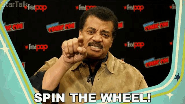 a picture of a man with the words spin the wheel on it