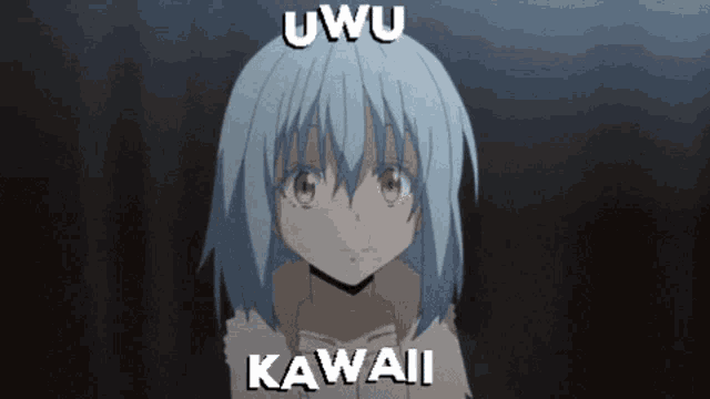 a picture of a girl with blue hair and the words uwu kawaii on the bottom