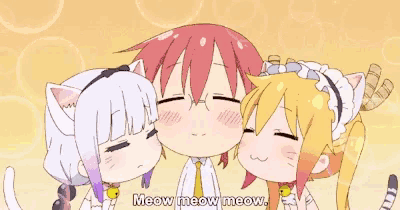 three anime characters are kissing each other and one of them is saying ahhh so cute meow meow meow