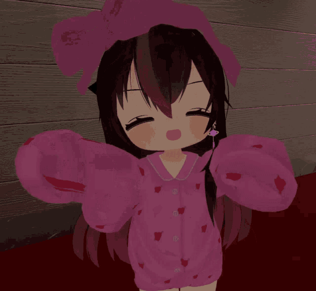 a cartoon girl wearing a pink outfit with hearts on the sleeves