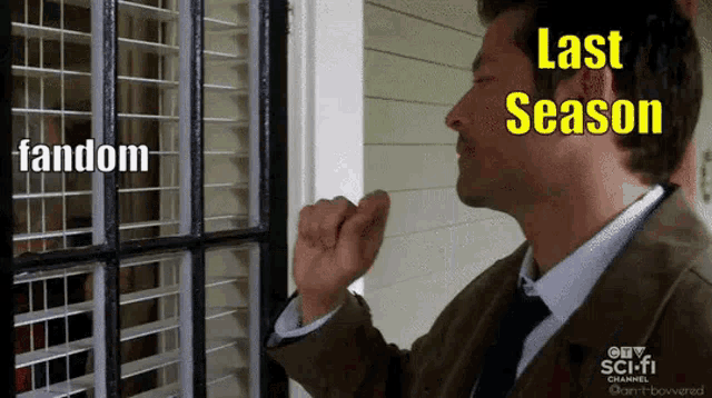 a man in a suit and tie is looking out of a window with the words last season written on it