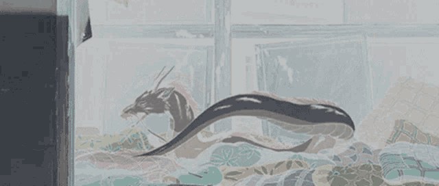 a painting of a dragon with a long tail laying on a bed