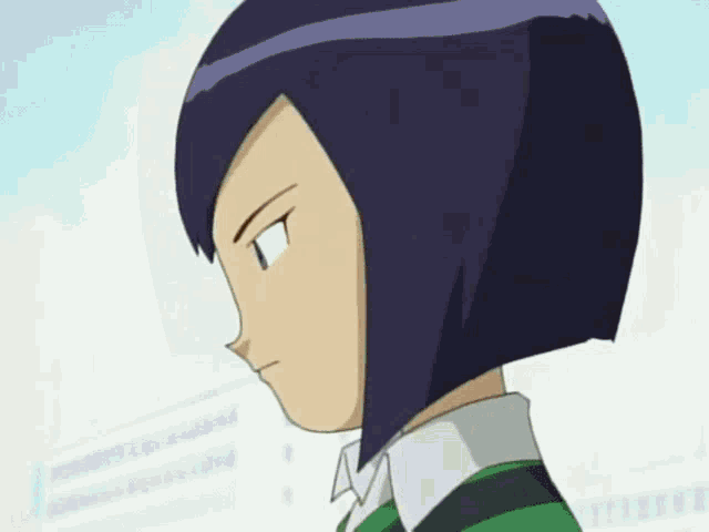 a cartoon character with short purple hair and a green and black shirt