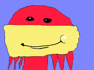 a cartoon drawing of a red and yellow jellyfish with a smile on its face